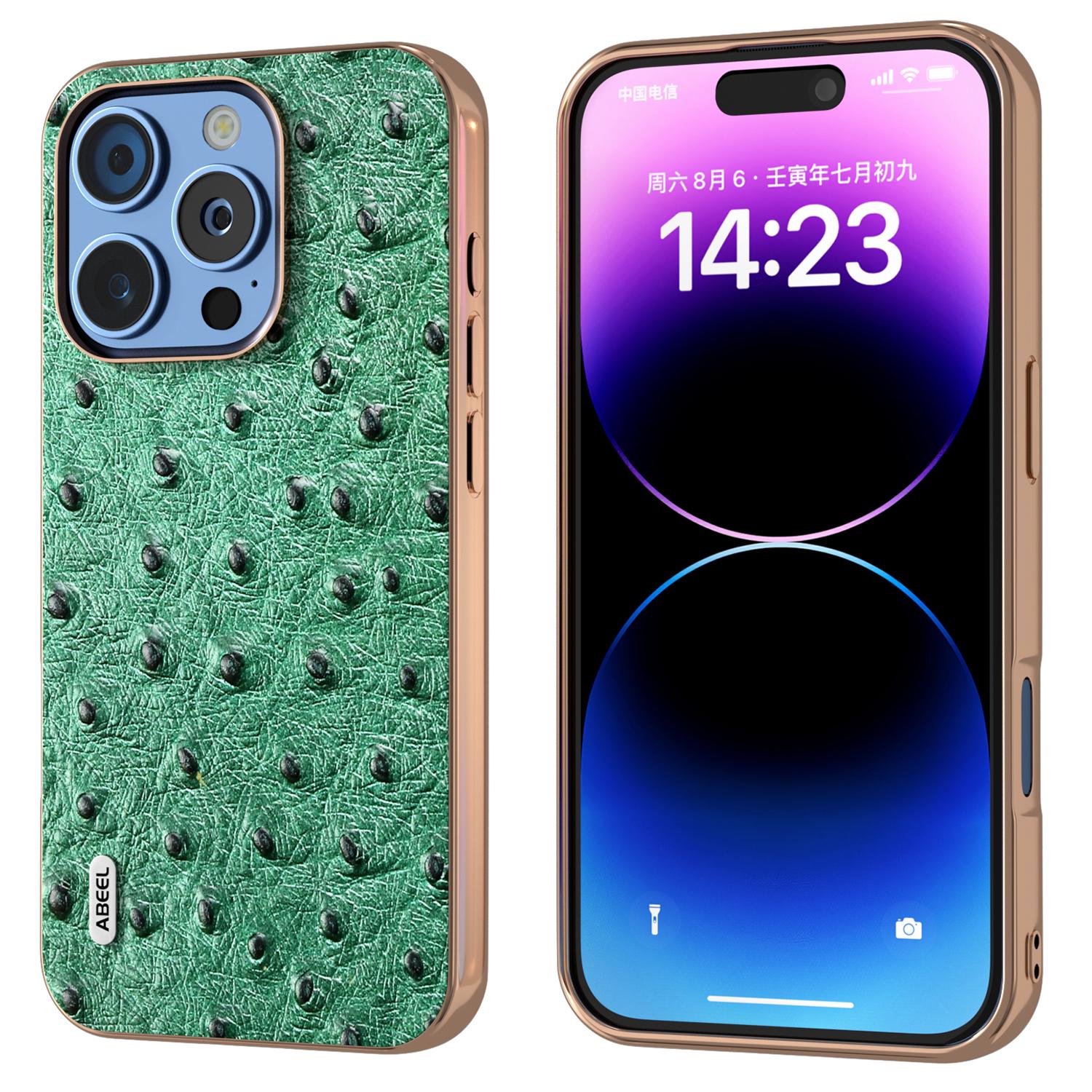 ABEEL For iPhone 16 Pro Max Case Electroplating Edge Ostrich Texture Genuine Cow Leather Back Cover B