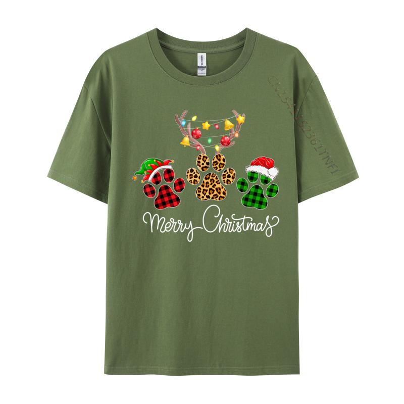 Merry Christmas Dog Paws Lights Buffalo Plaid Leopard Xmas TShirt Tops Tees Cotton Tee Short Sleeve TShirts Unisex