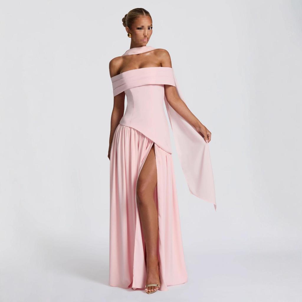 One-Shoulder Patchwork Open-Back Turtleneck Slimming Dress