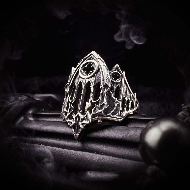 Unique Cross Burning Cathedral Gothic Relief Window Hollow Carved Adjustable Alloy Open Ring For Daily Wear Jewelry Gift