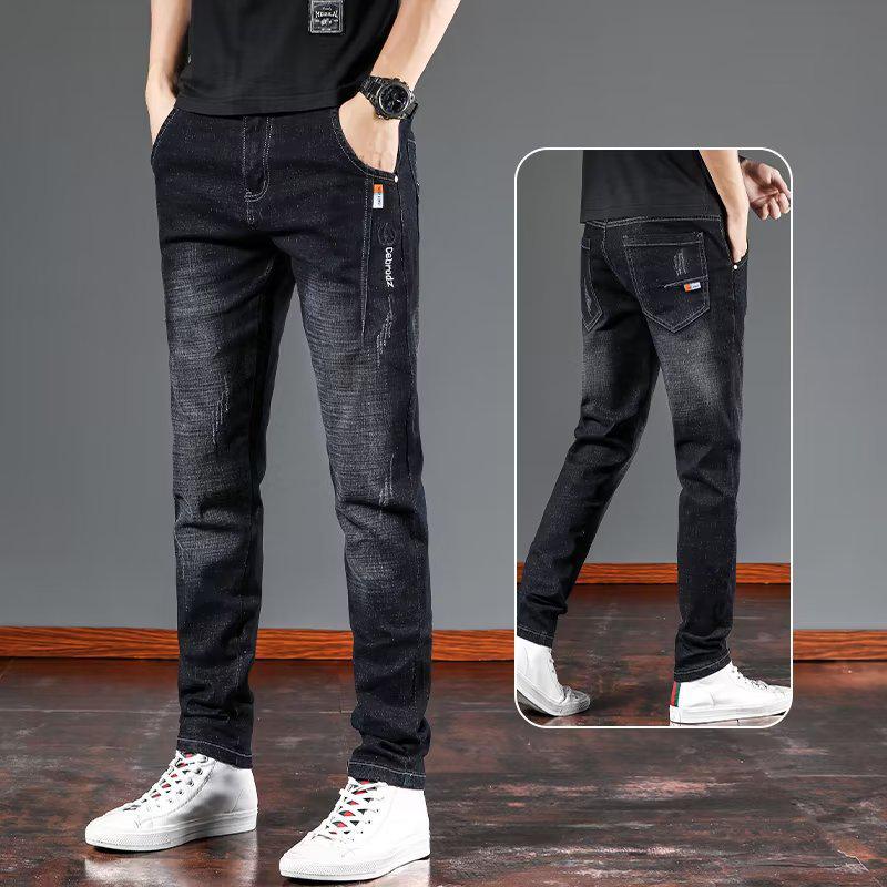 

Мужские летние узкие эластичные джинсы - корейский стиль, модные повседневные прямые брюки 33 чёрный