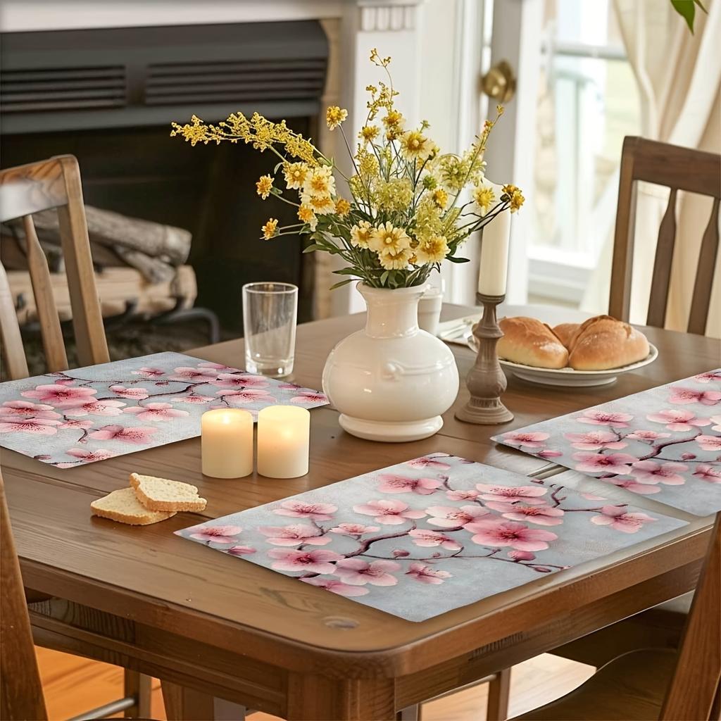 4/6pcs Retro Pink Cherry Blossoms Placemats Table Mats, 12x18in Heat-Resistant Table Place Mats, Decorative Washable Table Placemats