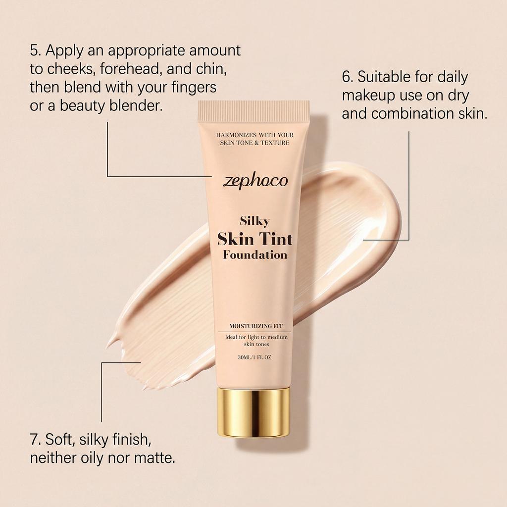 Zephoco Smooth Hydrating Foundation Natural Lightweight Silky Waterproof Portable Easy Application 30ml