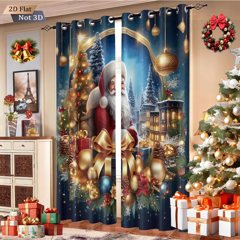 Set Of 2 Merry Christmas Santa Claus Gift Print Curtain Multiple Size Living Room Insulation Decoration Curtains Light Blocking Made Polyester Machine
