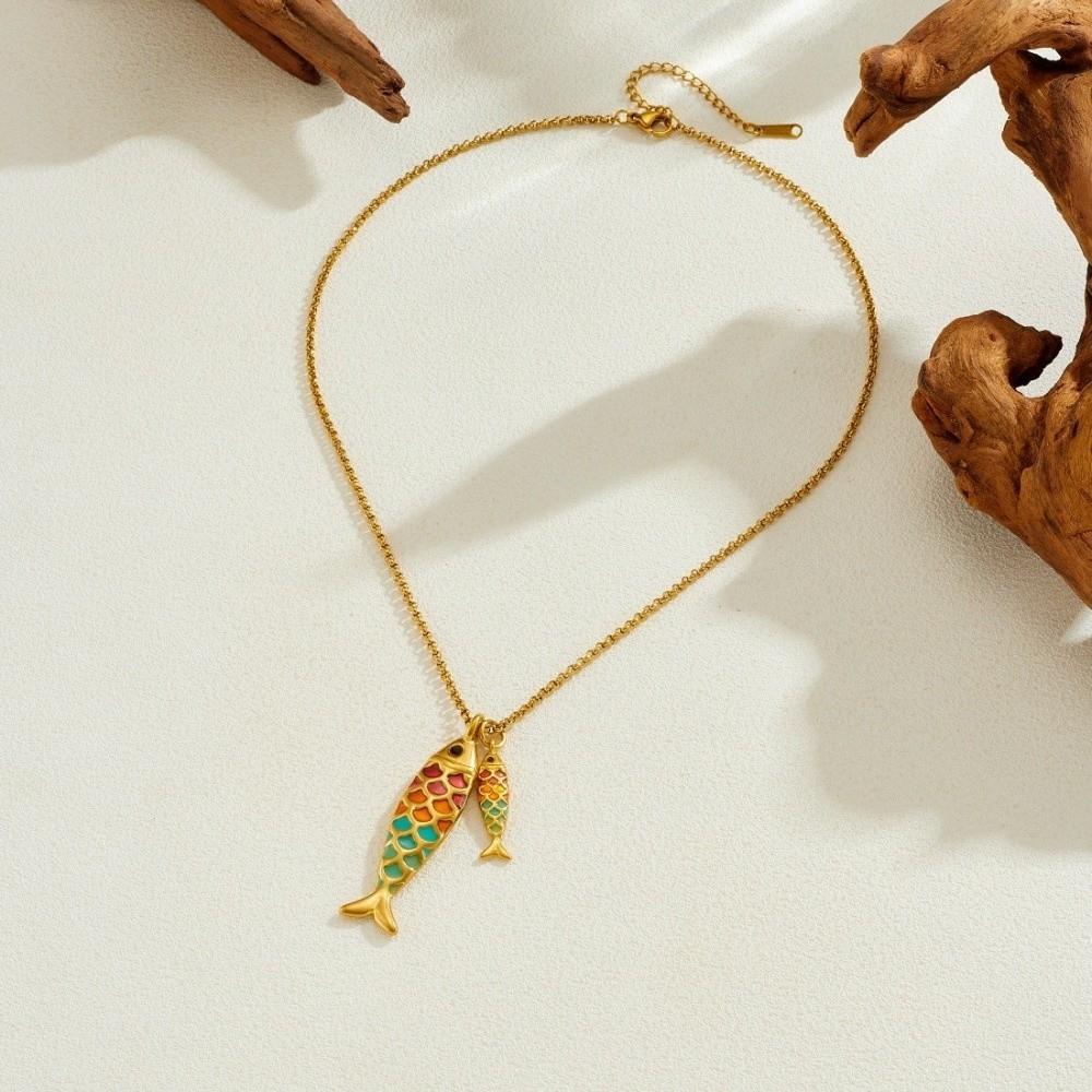 Edelstahl Fisch Anhänger Halskette Bunte Emaille Gold Glücksbringer Halskette Wasserfest Verstellbar Koi Hals Schmuck