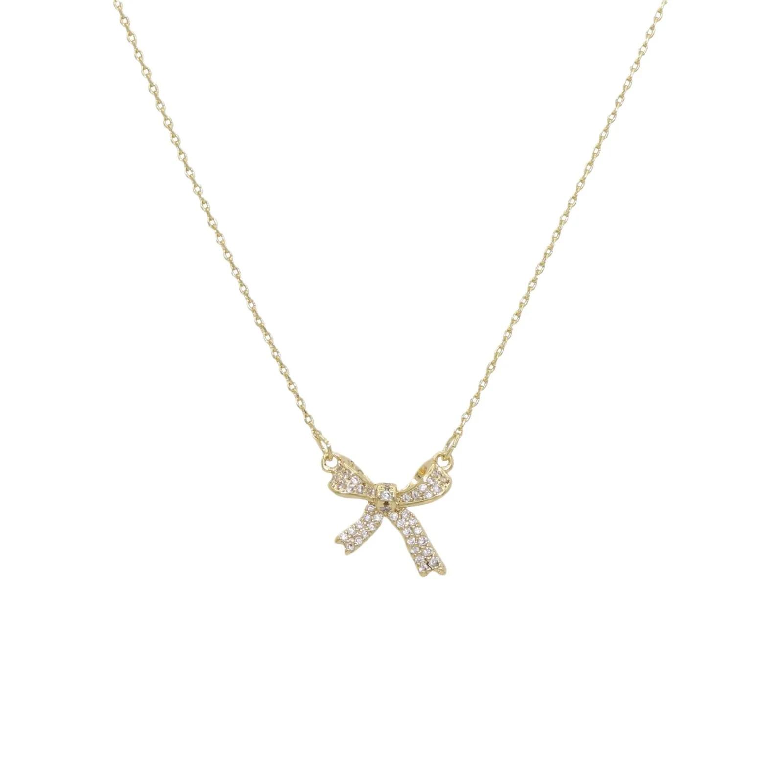 Exquisite Copper Inlaid Zirconia Bow Pendant Necklace for Women Girls Sweet Clavicle Chain Bridal Wedding Jewelry Accessories золотой