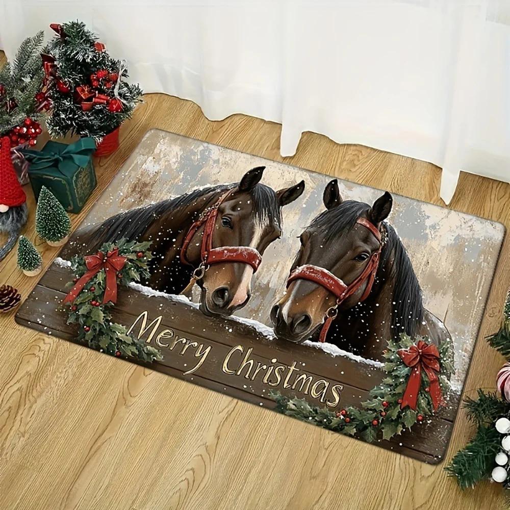 

1pc Christmas Mats with Horse Design , Holiday Indoor and Outdoor Rear Front Door Welcome Mat Winter Door Mat. 40x60cm