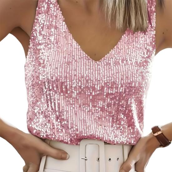 Women Vest Shiny Sequins Loose Fit Deep V Neck Sleeveless Tops Party Nightclub Stage Performance Camisole