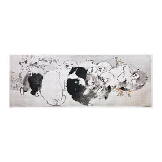 Nagasawa Rosetsu Chrysanthemum and Puppy Illustration 90cm Wide Pattern Ukiyo-e Tenugui (Japanese Towel) - Note. 90cm x 35cm, Made in Japan, Cute,