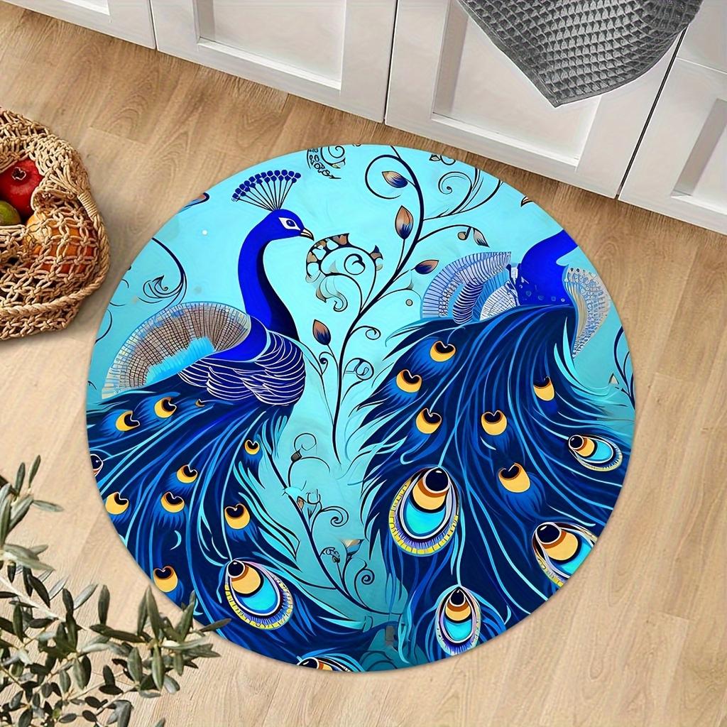 Crystal velvet carpetLuxurious Blue Peacock Round Doormat - Soft Flannel with Non-Slip Rubber Backing, Hand Wash Only, Vibrant T