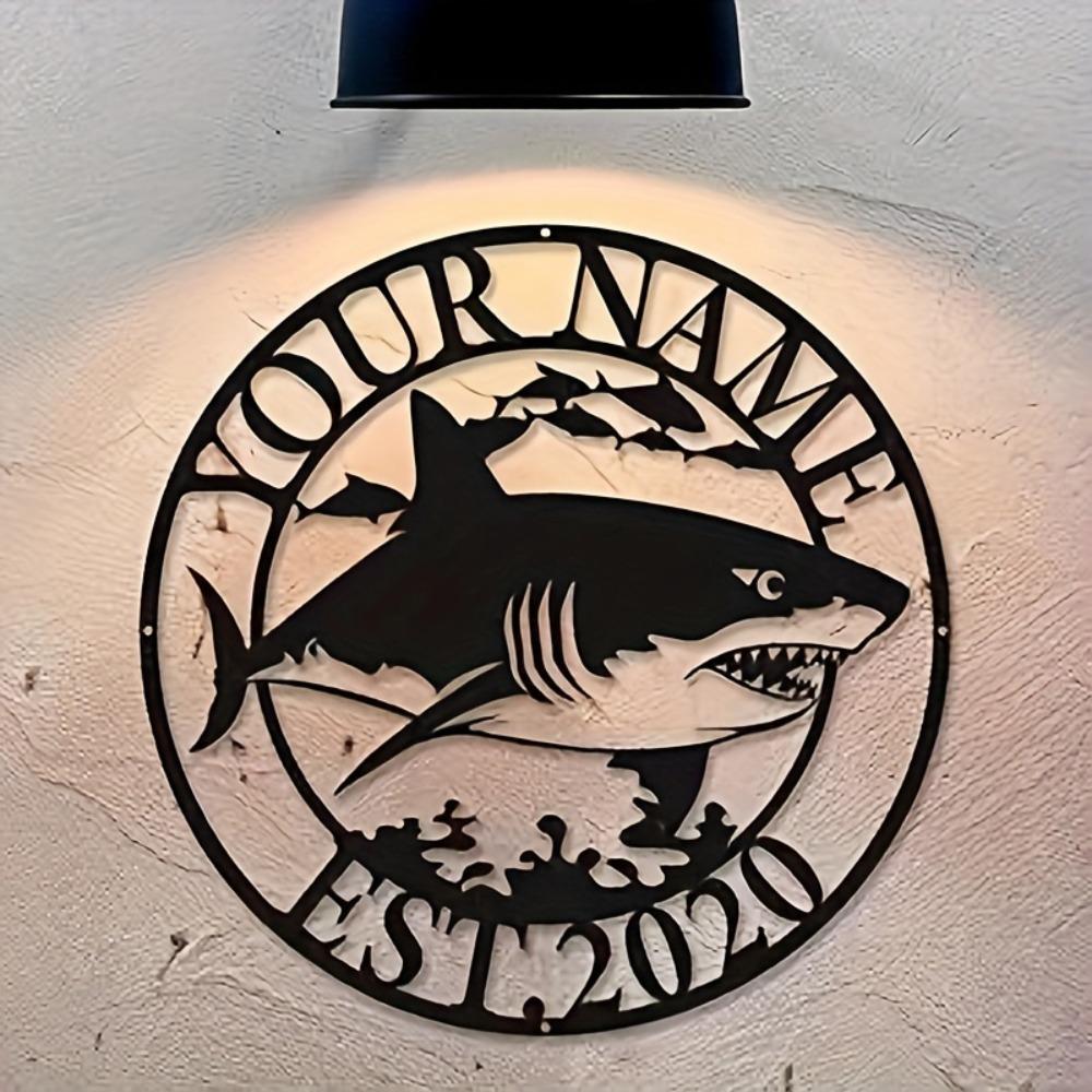 Shark Metal Wall Art Custom Name Sign Black Circle Home Decor Marine Design
