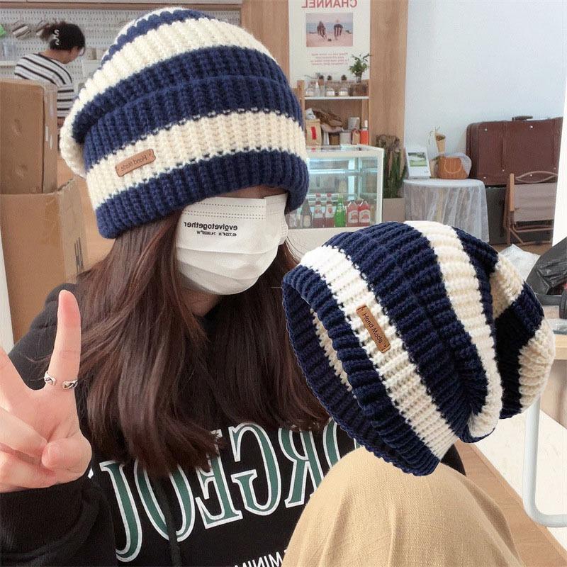 Stripe Beanie Cap for Women Winter Thick Needle Knitted Hat Vintage Hip Hop Female Slouchy Hats Casual Streetwear Hat