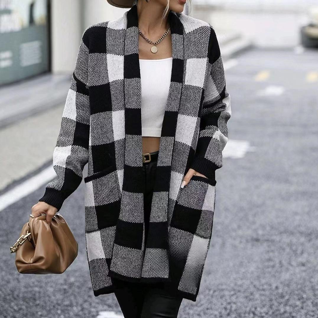 DAFIFY Женская мода повседневная осень-зима клетчатый принт длинный рукав свитера S чёрный 2439₽