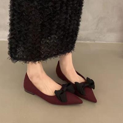 Chaussures Plates pour Femmes Printemps Nouveau Bout Pointu Bouche Peu Profonde Daim Nœud Papillon Semelle Souple Antidérapante Résistante à l'Usure Chaussures Simples