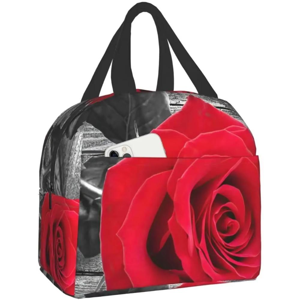 Red Rose Flowers On Gray Lunch Box Travel Bag Reusable Insulated Cooler Lunch Bags Girls Men Funny Picnic Tote Bag
