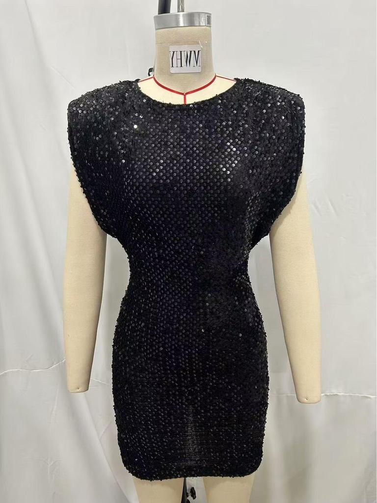 2024 Winter Black Sleeveless Mini Dress with Shoulder Pads and Sequin Embellishments