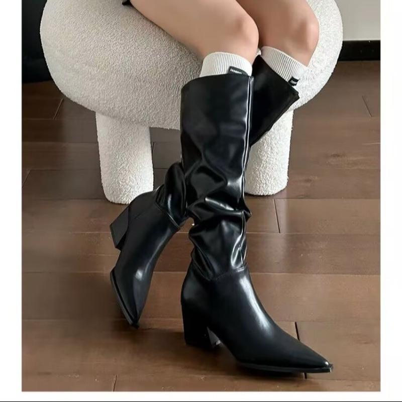 Nuovo Stile Stivali da Donna Punta Tonda Effetto Pieghettato Mezza Gamba Colore Castagna con Tacco Grosso Stivali da Cowboy Popolari Taglia Grande Zapatos Mujer