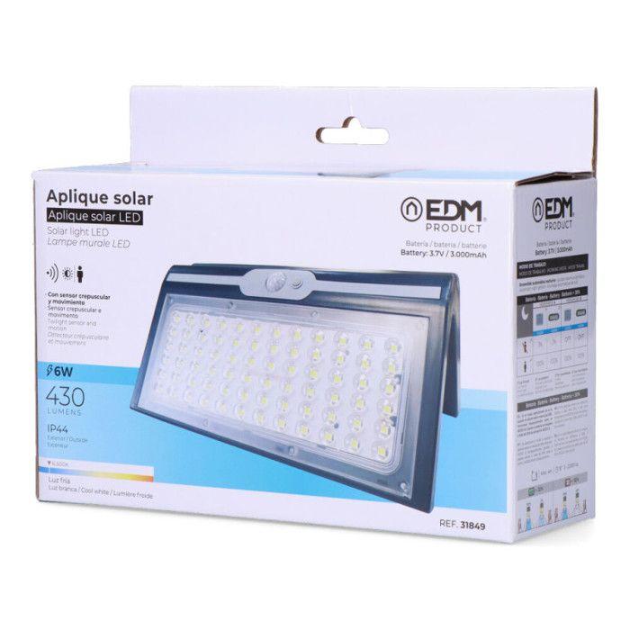 Applique Solaire 6W 430Lm 6 500K Avec Capteur Couleur Noire Edm