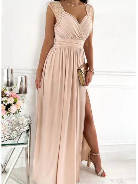 Women's Sleeveless Lace Dress with Open Back and Slit Hem