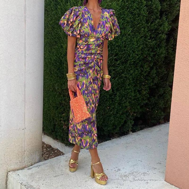 Spring New Women's Clothing, Elegant Temperament Printed V-neck Lantern Sleeve Dress