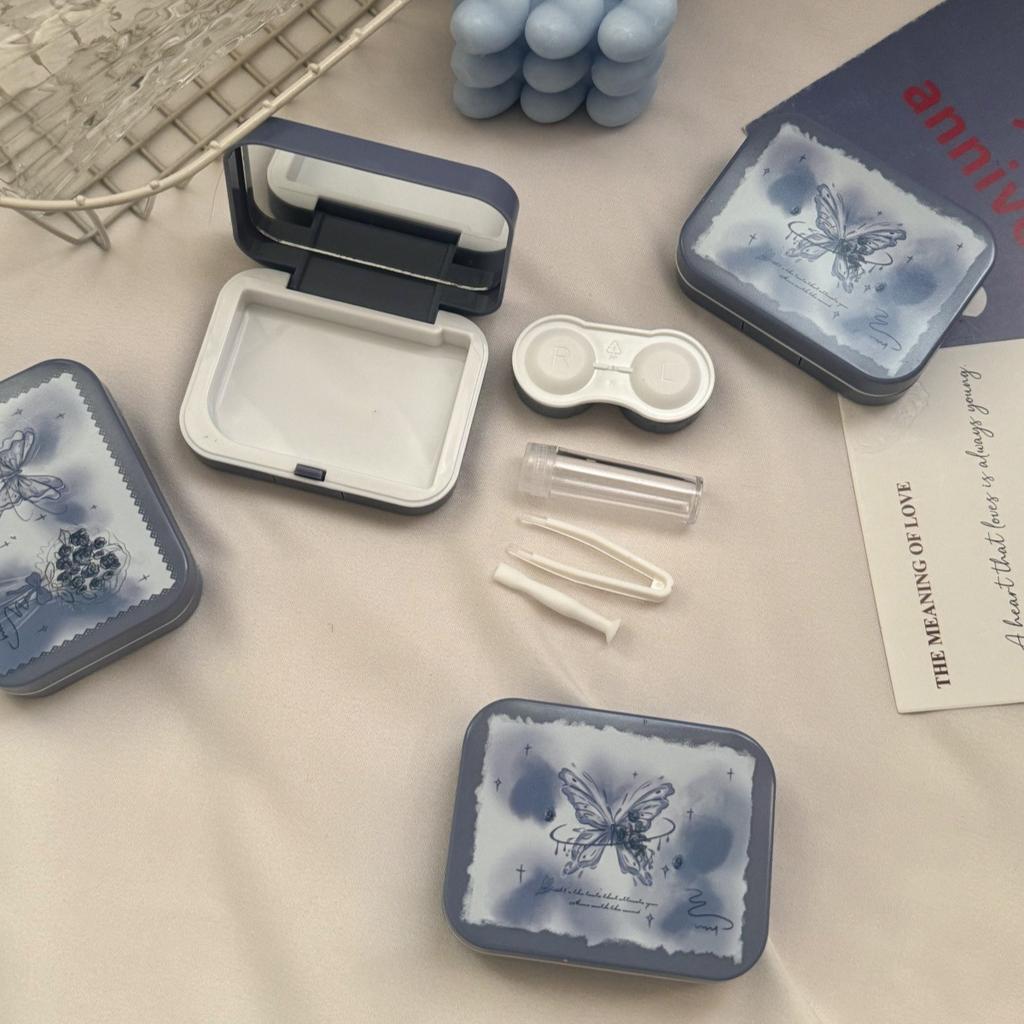 Romantic Ice Blue Rose Contact Lens Box Portable Contact Lens Case Companion Care Box Contact Lenses Case with Mirror Tweezers