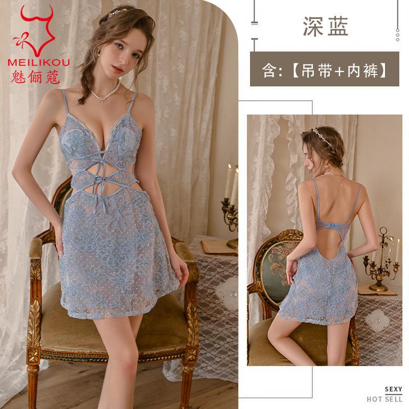 

New pure desire wind small chest skirt relief flower hollow lace mesh suspender pajama set One size fits all