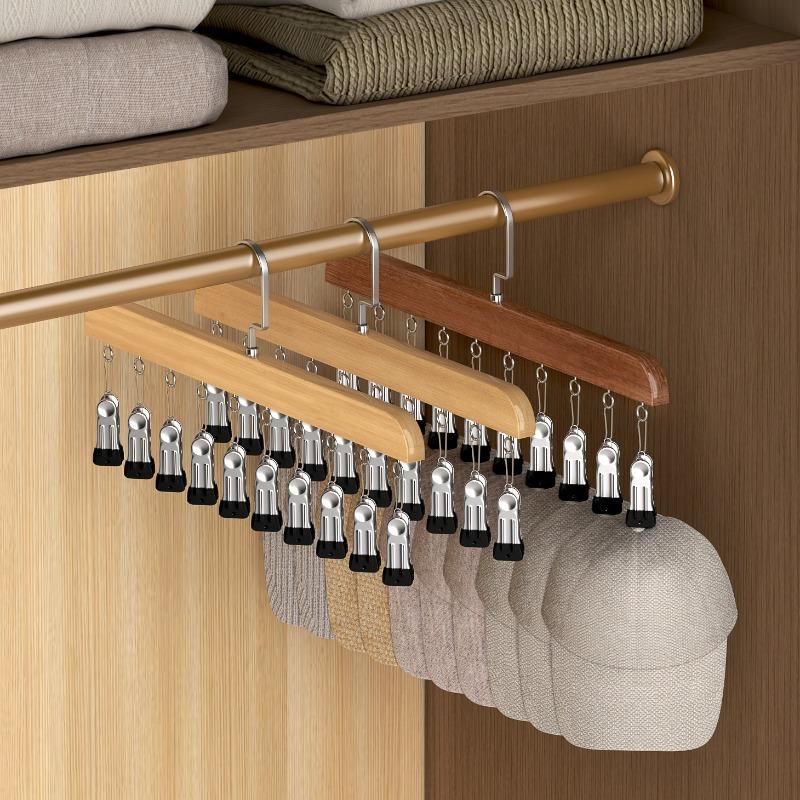 1PCS Rotatable Multi-Clip Student Dormitory Storage Clip Solid Wooden Trouser Clip Home Closet Stainless Hat Skirt Storage