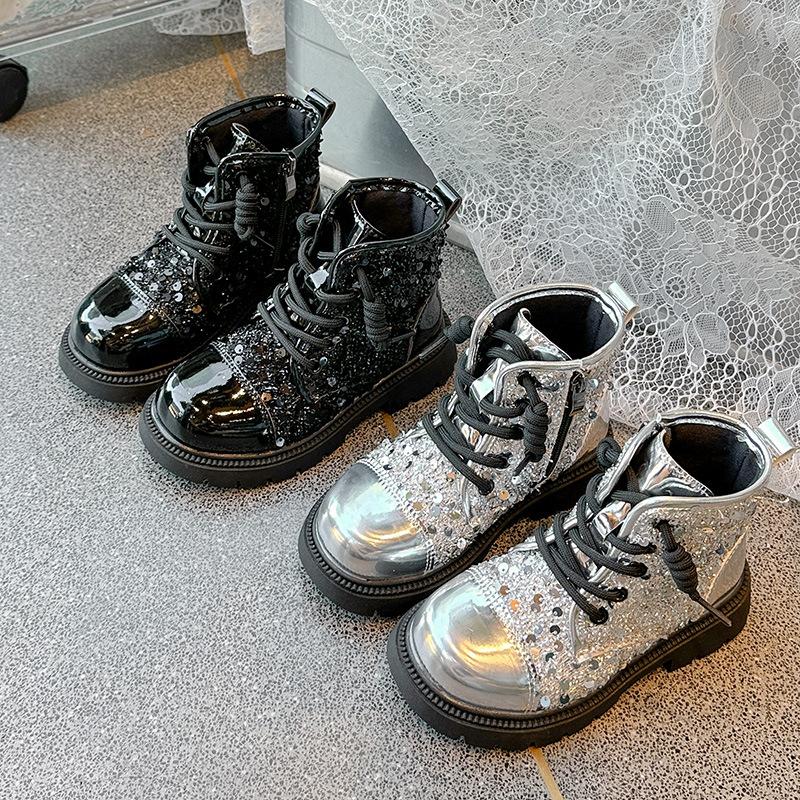 Silver Martin Boots Spring and Autumn Shoes Children's Boots Model Catwalk Girl Shiny Boots Shiny Performance Black