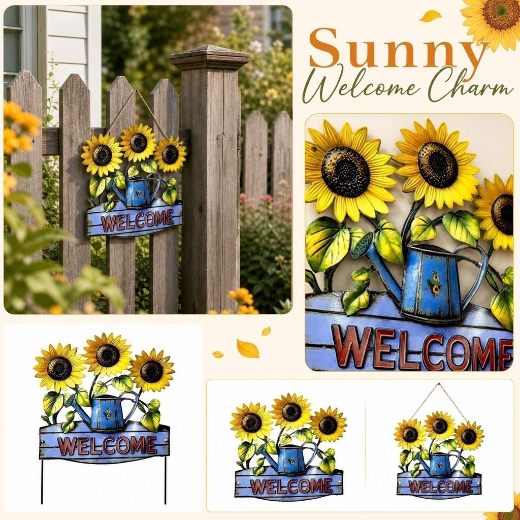 Metal Sunflower Wall Decor with Watering Can and Welcome Sign Garden Hanging Ornament Indoor Outdoor Wall Art