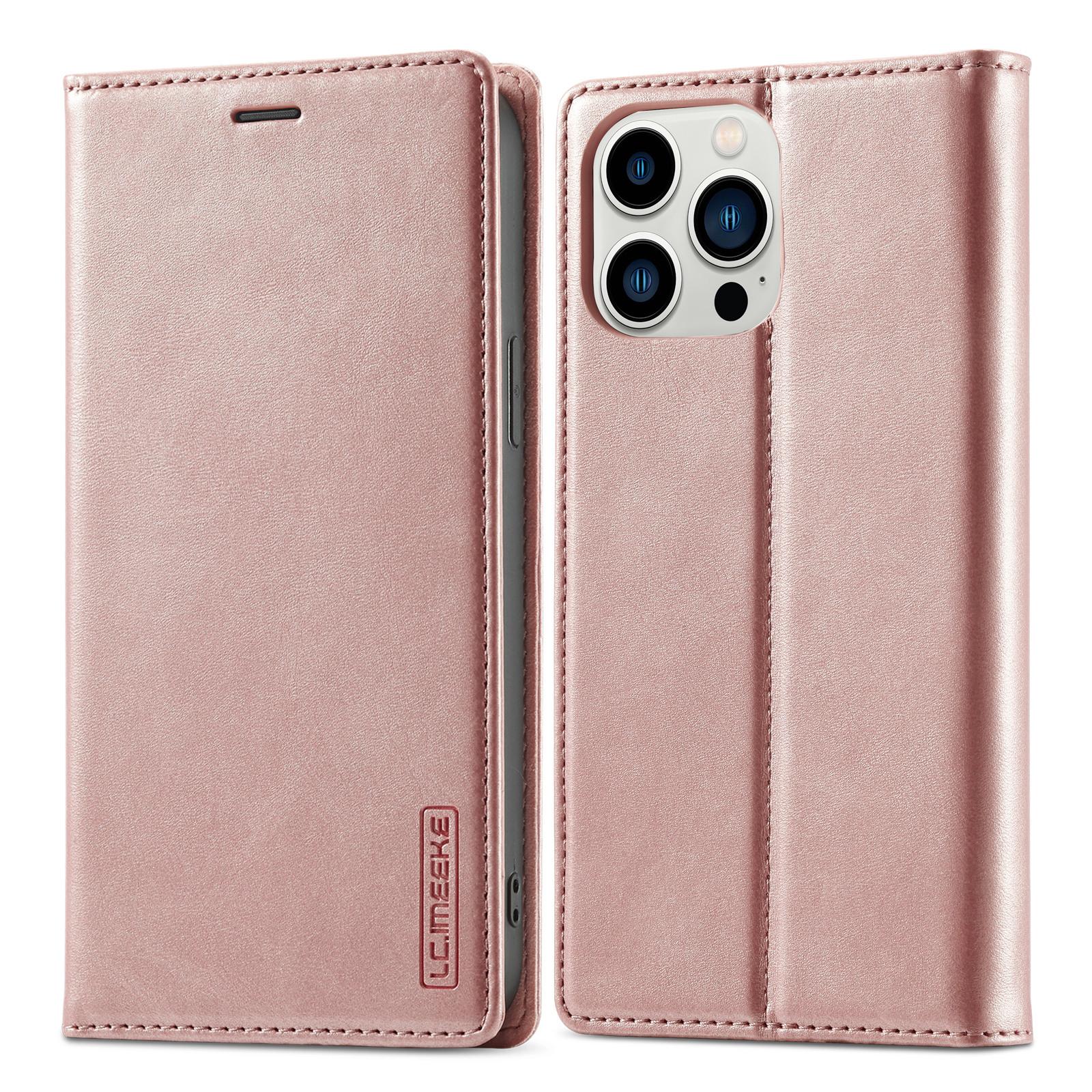 

LC.IMEEKE Phone Case for iPhone 15 Pro Max,Magnetic Closure Shell Microfiber Leather Stand Wallet Cover Rose Gold
