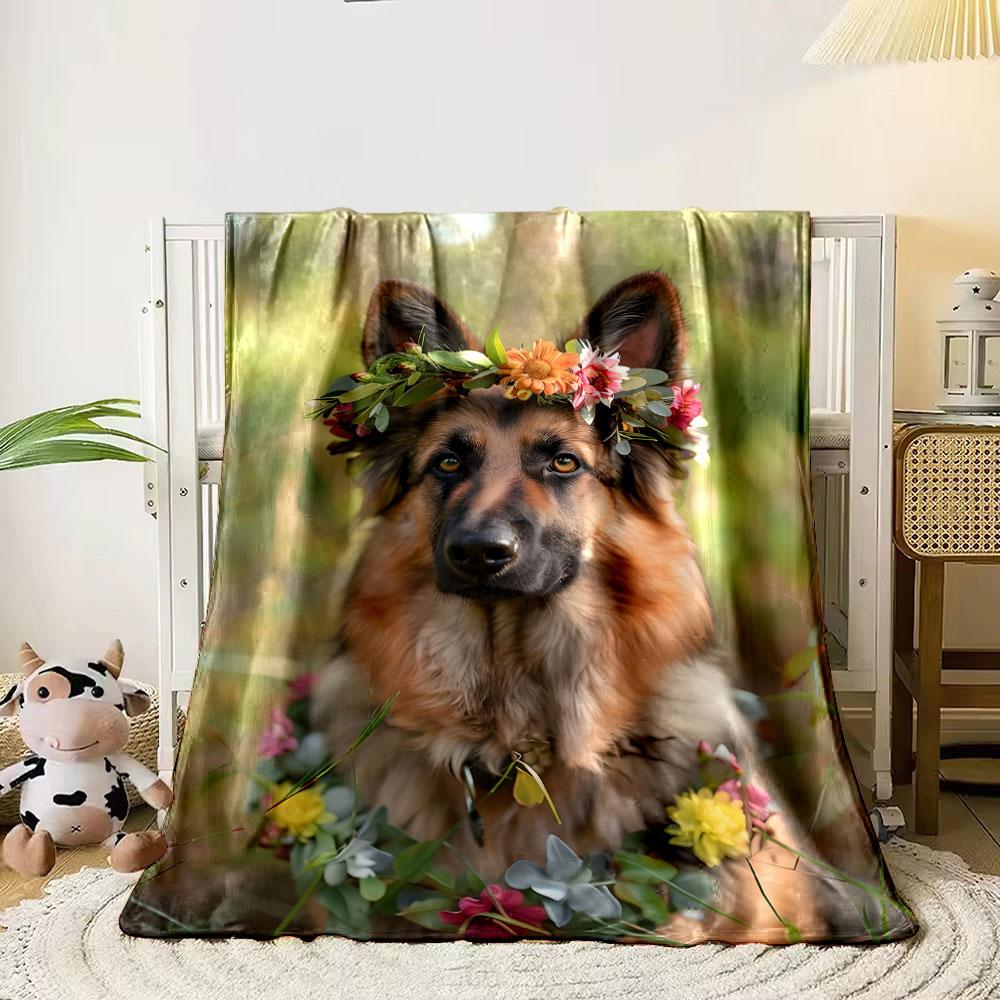 German Shepherd Floral Wreath Blanket bedroom Blanket for Livingroom Couch lunch break Soft throw for Friend's festival Gift