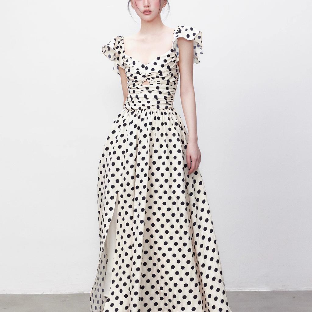 Korean Sweet High-end Polka Dot Dress for Women's Summer New Pleated Waist and Thin Temperament Long Skirt
