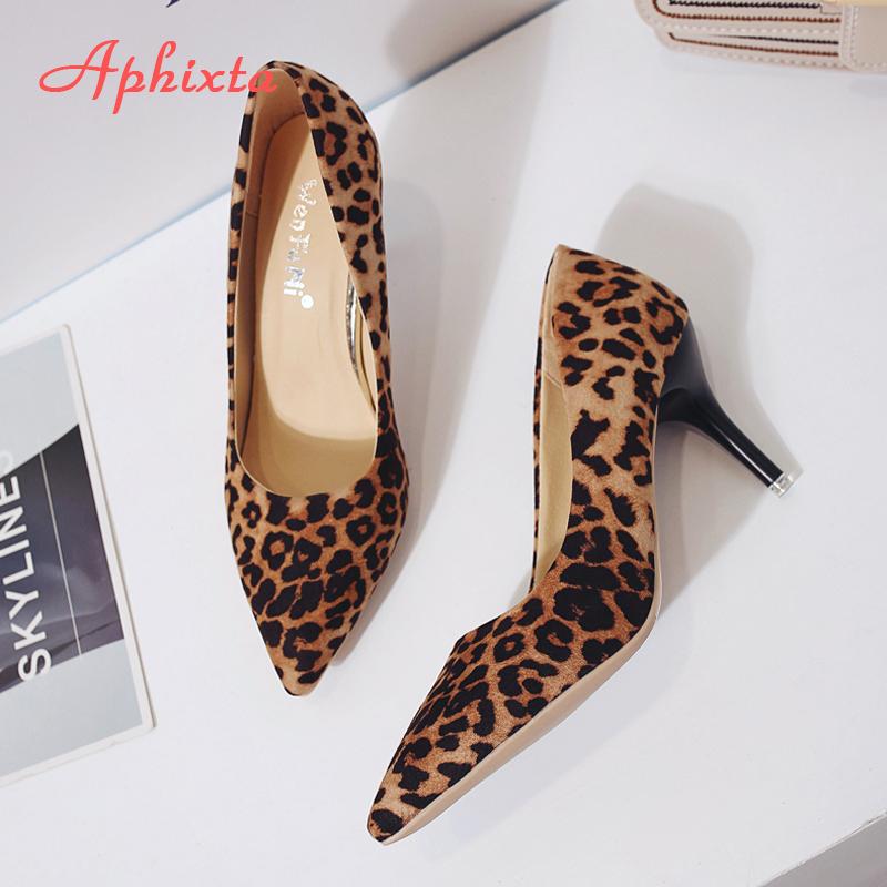 Fashion Aphixta Leopard Shoes Woman Heels Pumps High Nude 8cm Thin Heels Wedding Shoes Party Ladies Shoes Classic Pumps Big Size 44