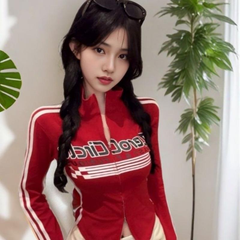 Girls Y2K Tops Workout Cycling T-shirts Zipper Long Sleeve Fashion Club Wear Sexy Women's T-shirts Sports Tees