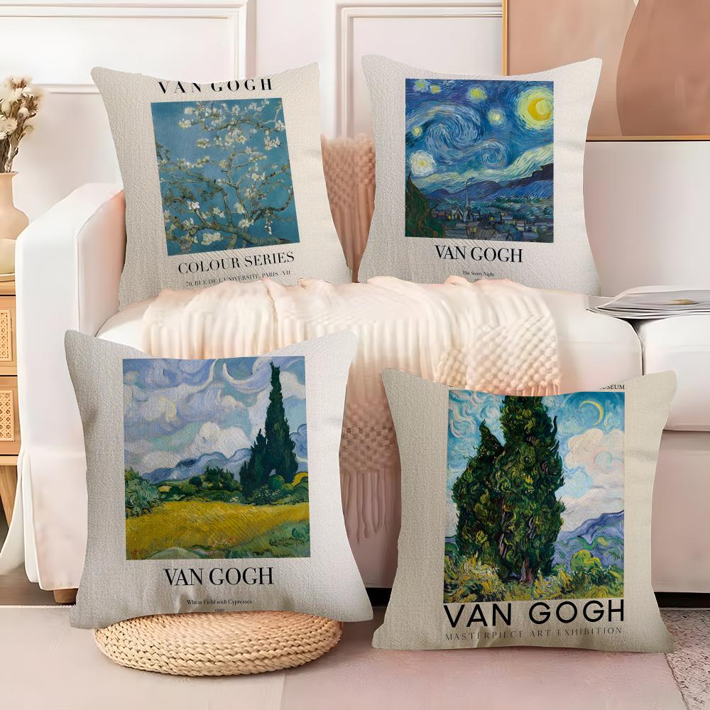 Van GGogh Art Cushion Cover Natural Linen Organic Fabric DoubleSided Printing Sofa Home Decor Breathable Bed Pillow