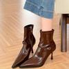 Hong Kong Beige Pointed High-heeled Short Boots Women's Spring New Temperament Retro Thin Heel Soft Leather Thin Boots