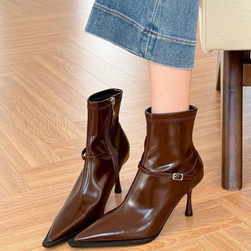 Hong Kong Beige Pointed High-heeled Short Boots Women's Spring New Temperament Retro Thin Heel Soft Leather Thin Boots