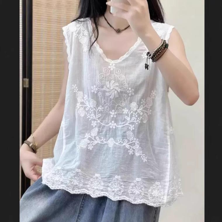 - catty% cotton through meat sling vest sleeveless top literary retro loose lace embroidered vest One size fits all белый