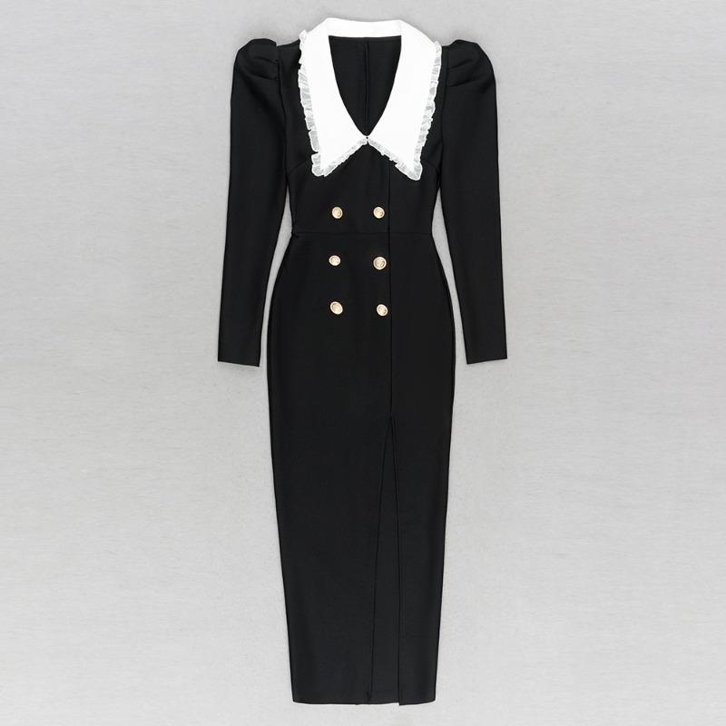 New long-sleeved bandage dress temperament elegant lapel lace split dress