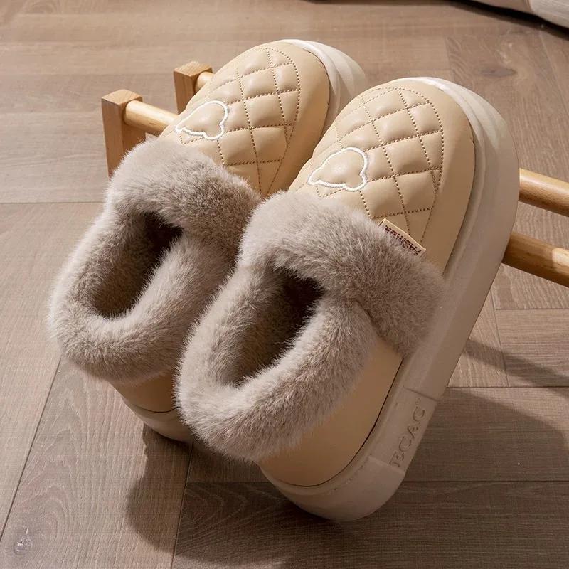 Fashion Women Fur Fuzzy Slippers Outdoor Waterproof Plush Lined Slides Indoor Antiskid Platform Cotton Shoes Fluffy House Slipper