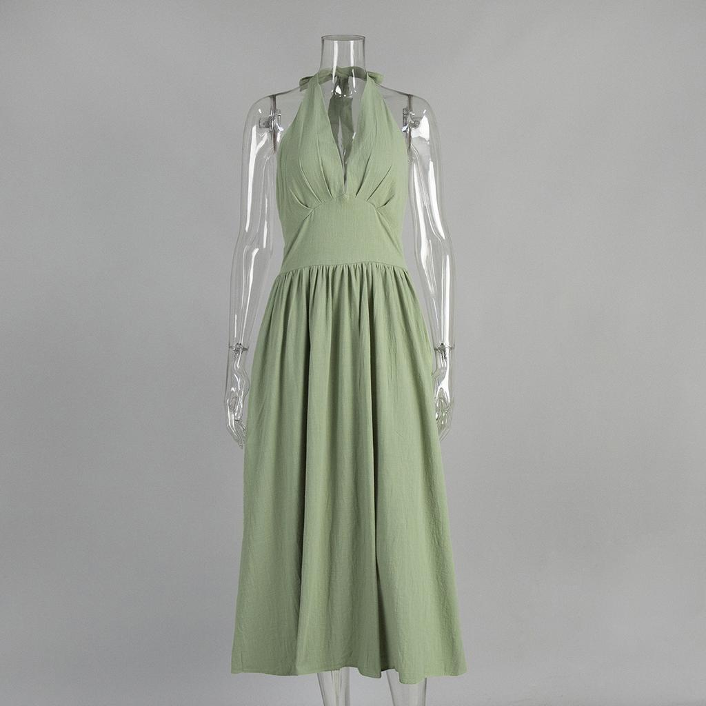 Pure cotton long dress, European, American spring and summer waist V-neck strap long dress, big swing dress women
