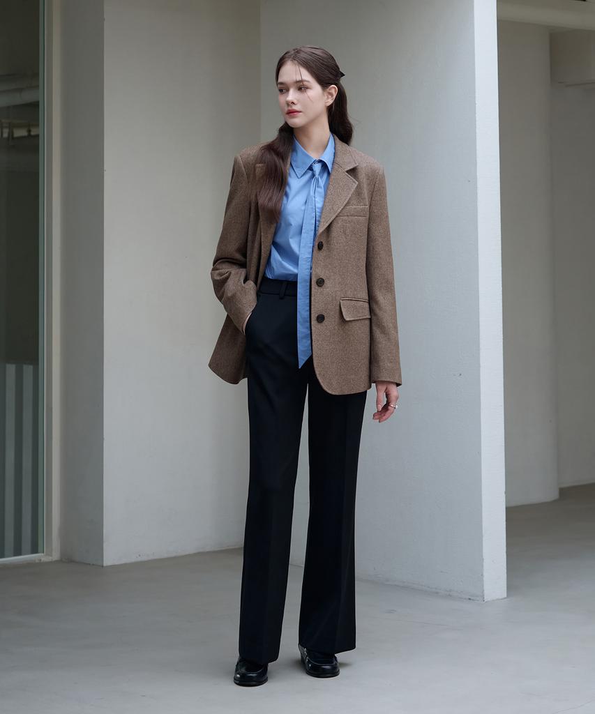 Drawfit Women Diagonal Brush Woolen Single Blazer [Mocha]