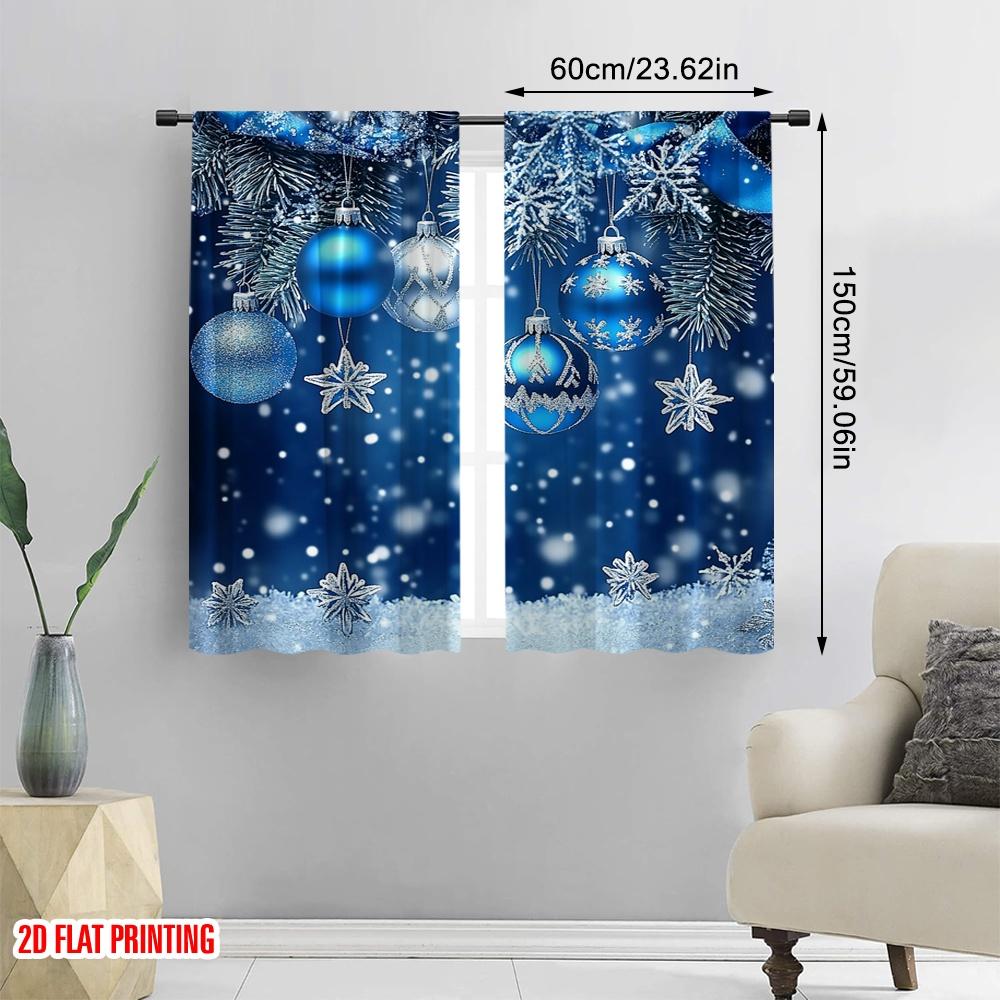 2pcs 2D flat printing Merry Christmas Popular Drapes blue snowflakes Polyester Without Electricity Festive Curtains for Room
