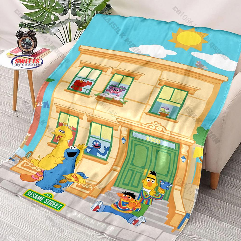 6 Sizes S-Sesame S-Street Pattern Printed Blanket, Cozy Warm Blanket for Sofa, Bed, Camping, Holiday Gift for Family and Friends