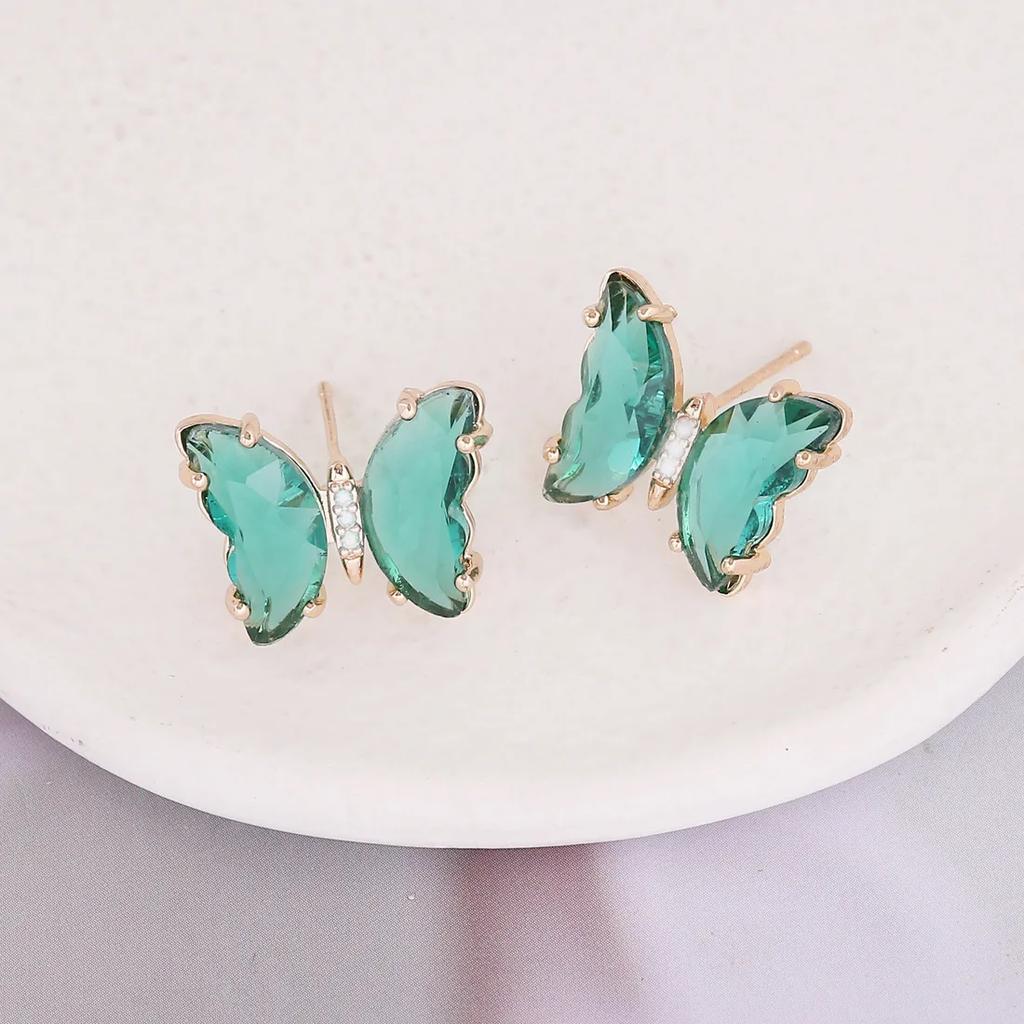 Crystal Glass Butterfly Stud Earring for Women Hole Green Transparent Animal Jewelry Christmas Girl Gift