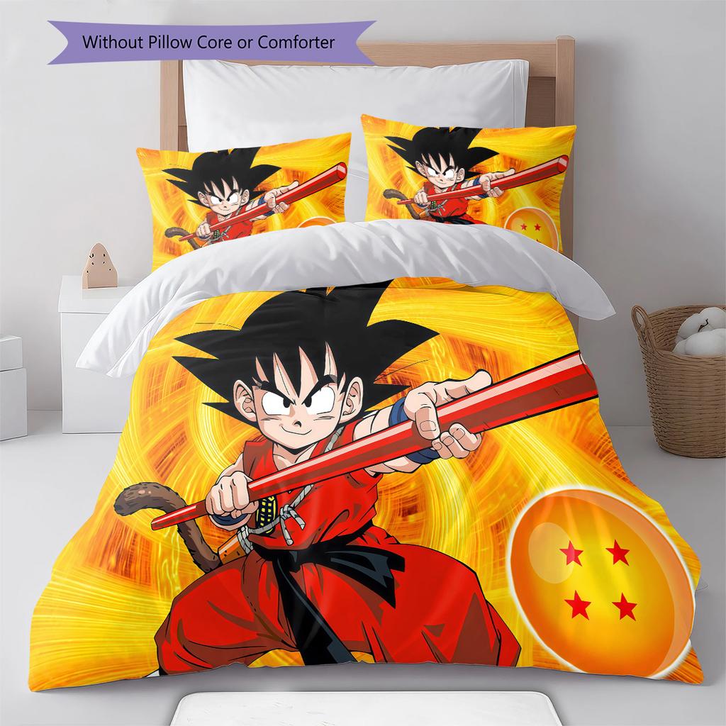 Lenjerie de pat cu model Son Goku, Set cu cuvertură, Husă de cuvertură, Față de pernă, Cadou de casă, Cadou de ziua de naștere (1 * husă de pilotă + 2 * fețe de pernă, fără miez)