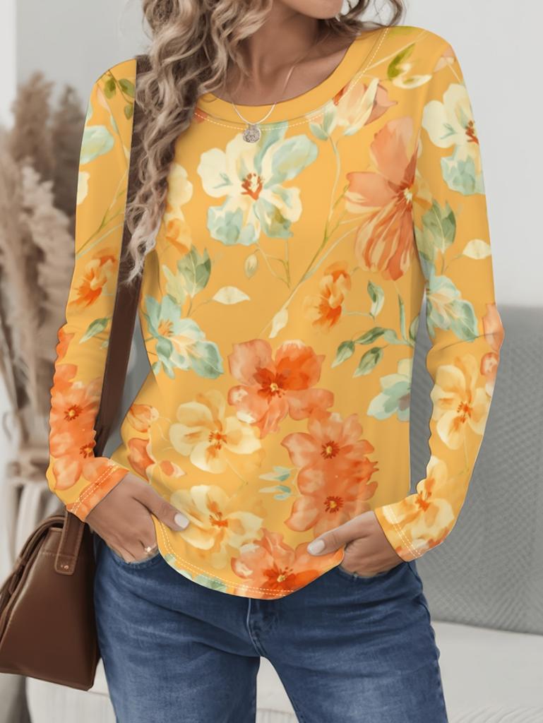 Vintage Floral 3D Print Women's Crew Neck Long Sleeve T-Shirts Comfortable Fashion Tops Tee Y2k Clothes Harajuku Female Clothing