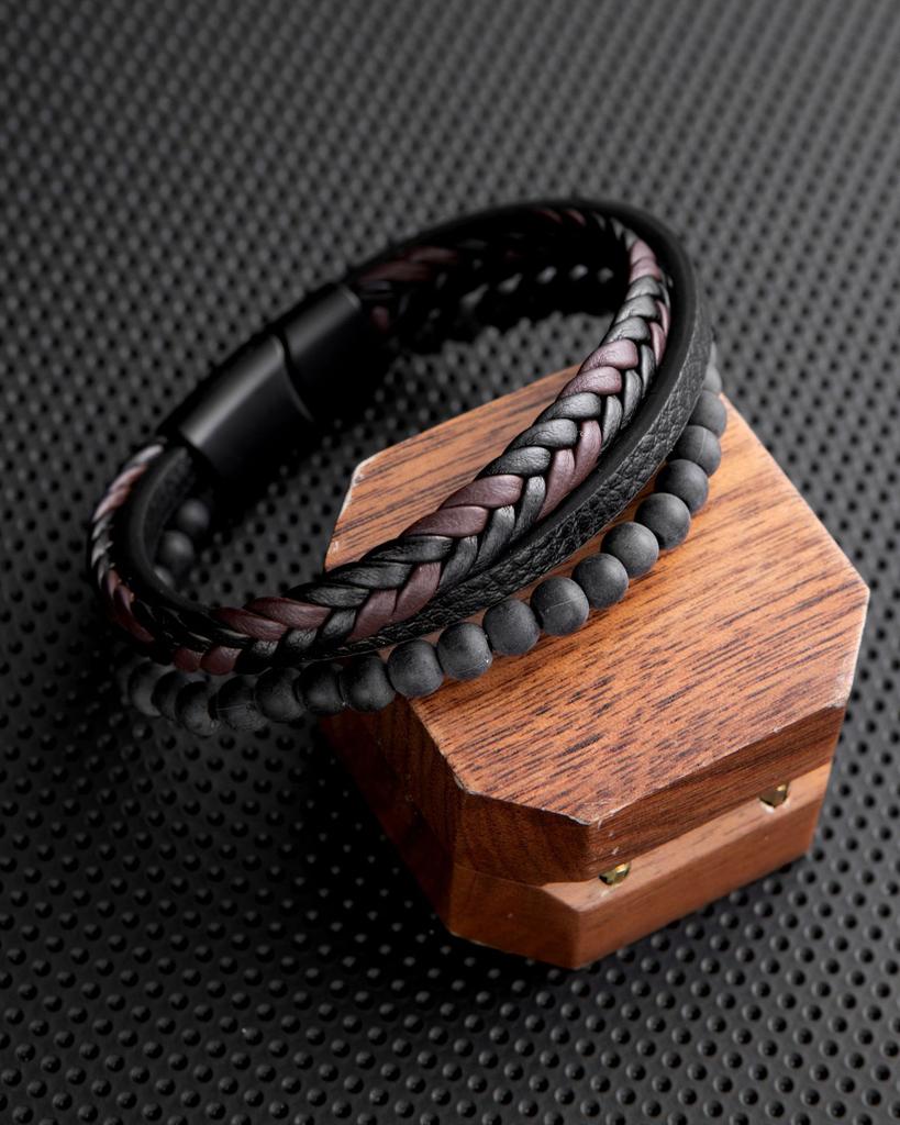 Punk Leather Wolf Head Bracelet Handwoven Beaded Bracelet Men'S Personality Cycle Chain Hand Jewelry