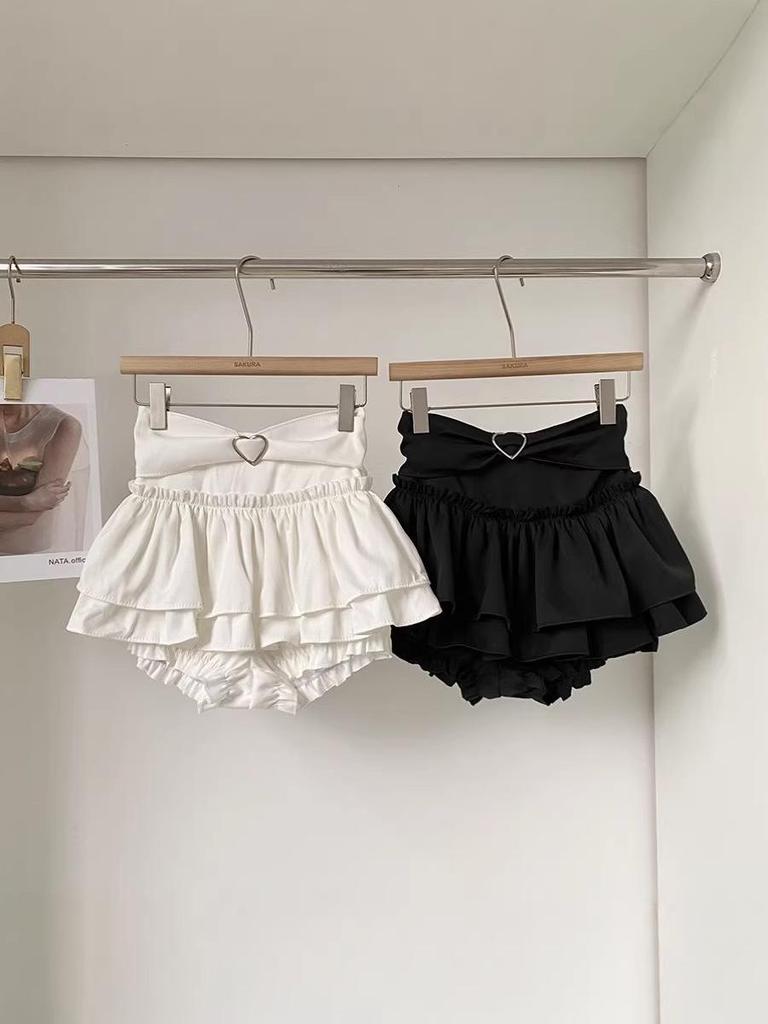Sweetheart Double Layer Ruffle Skirt Pants with Elastic Waist