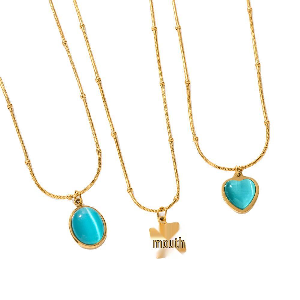 2023 Edelstahl Blauer Katzenaugenstein Quadratische Halskette - High-End, Nischendesign Modeaccessoire